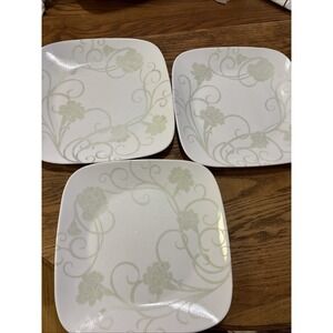 3 Corelle Eloquence Pale Green Square Dinner Plates 10-1/2" Flowers Swirls (B)